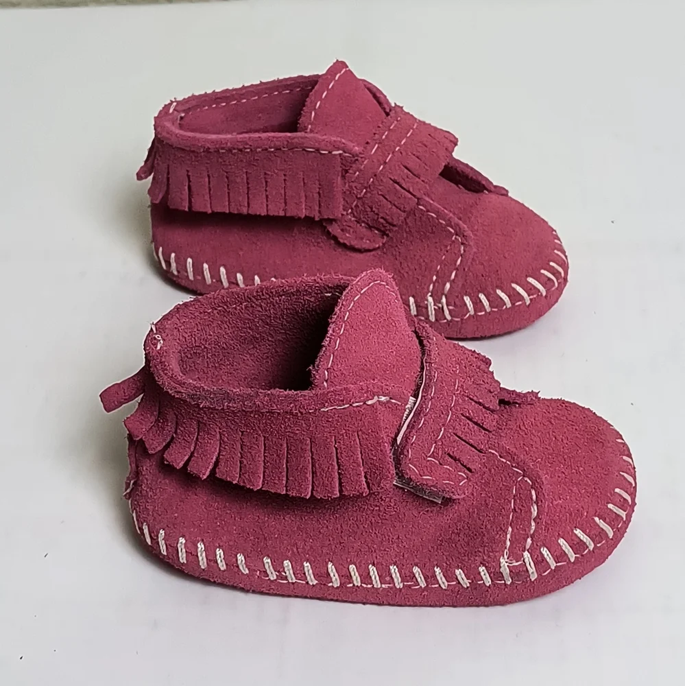 Minnetonka Pink Moccasins with Fringe and Contrast Stitching Baby Size 2